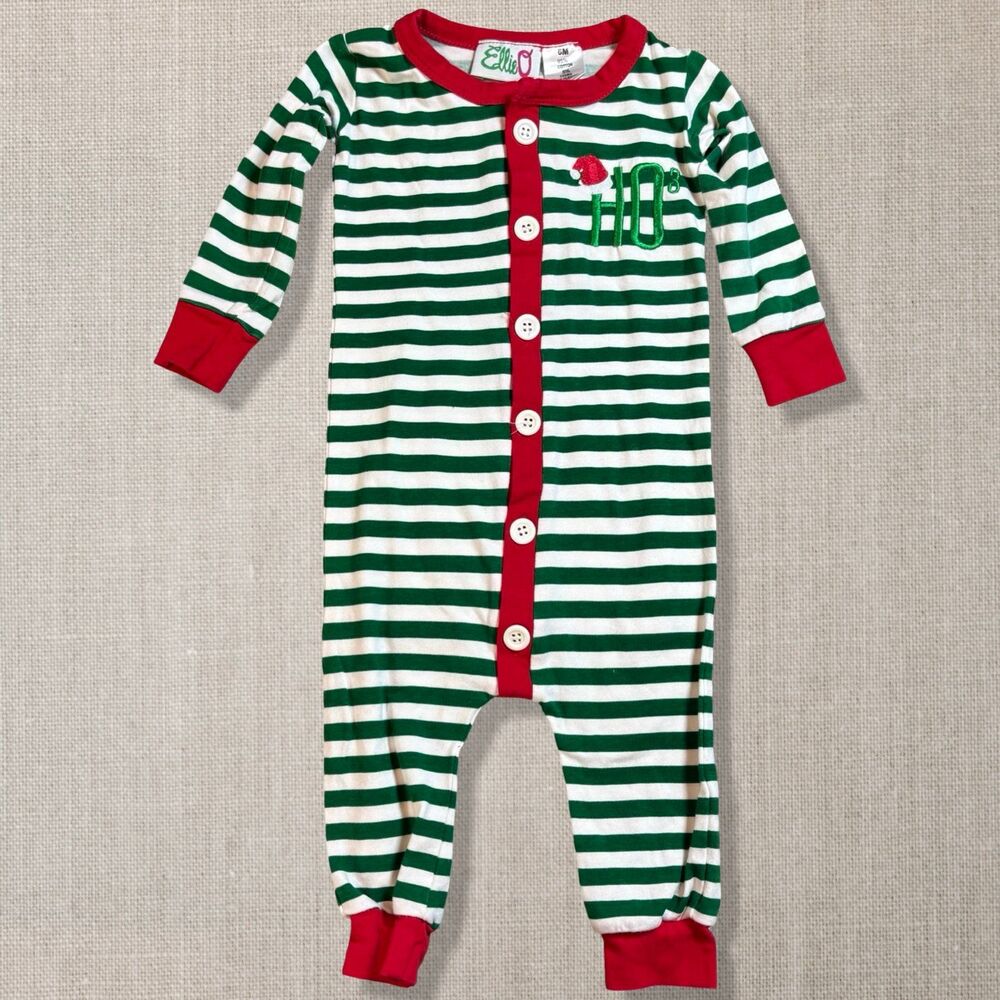 Christmas Pajamas 6M Santa HO HO HO Green Stripe Romper Holiday One Piece